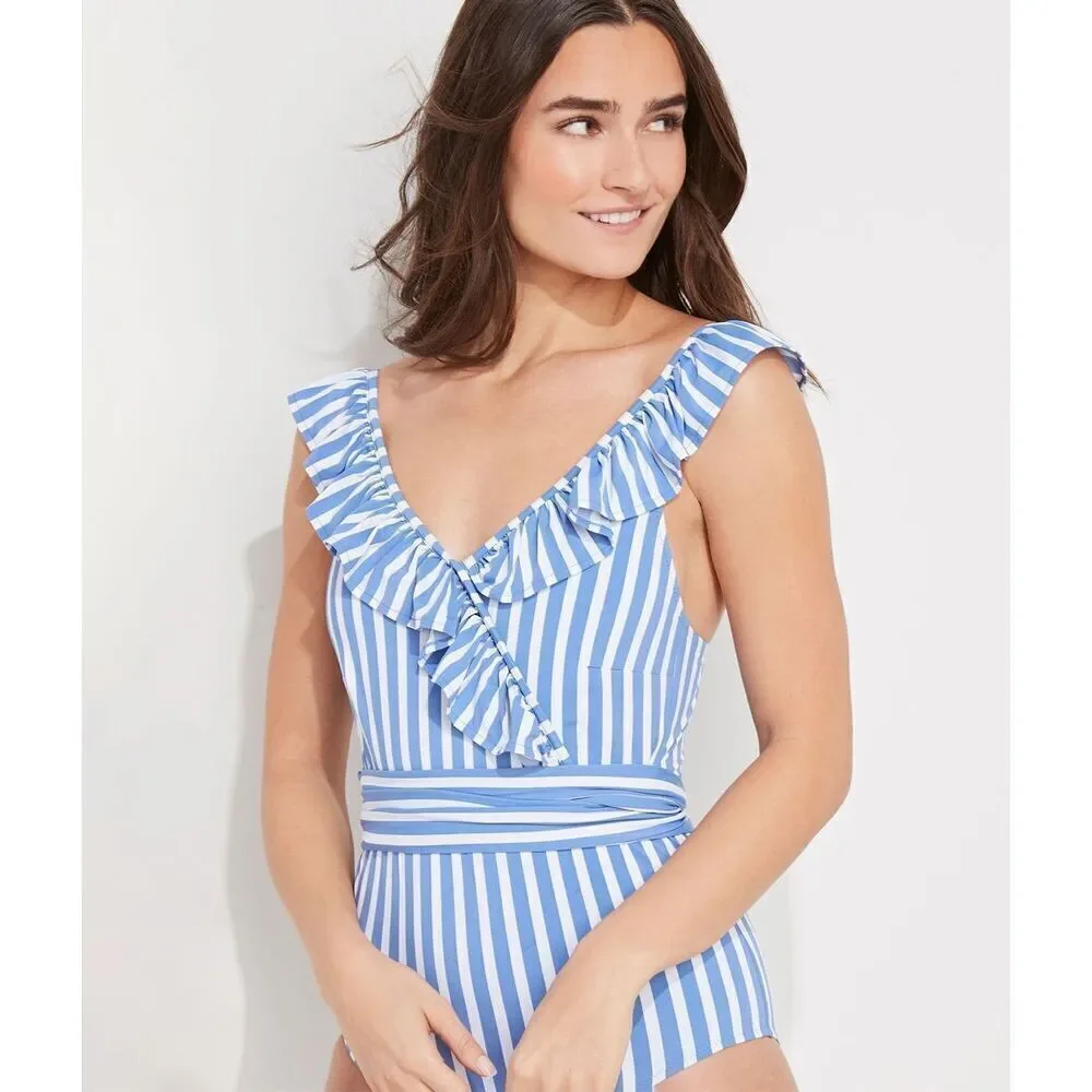 Vineyard Vines Women’s Blue and White Sail Stripe Ruffle One-Piece Swimsuit